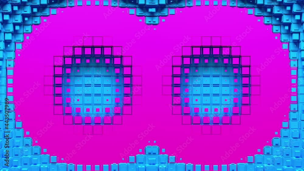 Blue voxels form two circular holes and pink rings which diverge from the center of screen. Seamless loop 3D animation.