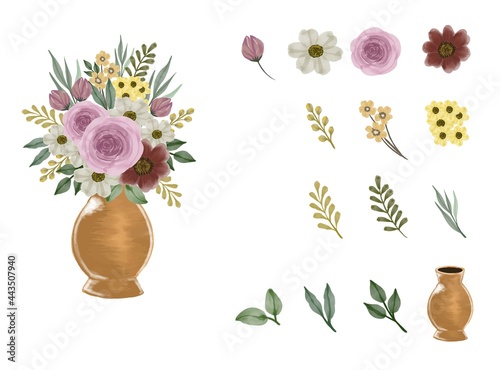 set watercolor floral bouquet in gold vase. floral bouquet with flower element , branch, bud and leaf