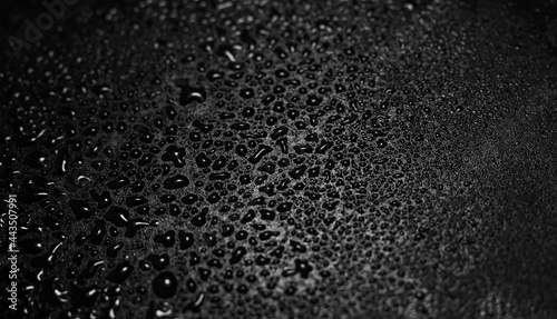 Water droplets on black background. Close-up photo of small water drops on black background for wallpaper. Copy space.