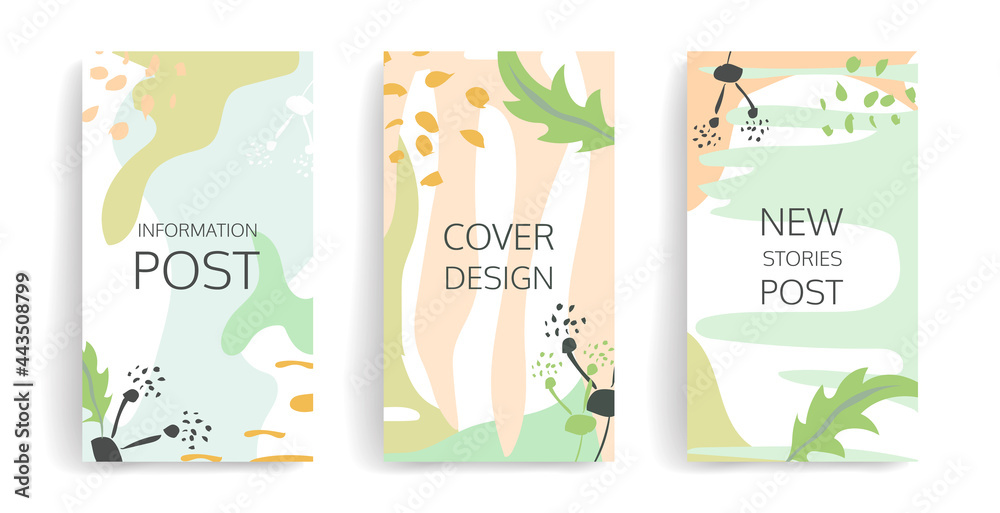 Summer design backgrounds for social media apps with abstract shapes and leaves. Set of editable banners, templates with copy space for text. Tropical story layout for blog. Vector illustration