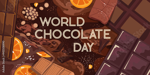 World chocolate day - greeting card or banner with chocolate bar on dark background. Template for your design. Vector illustration