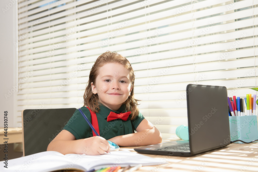 Smart smiling school pupil kid virtual distance learning online, watching remote digital class lesson, looking at laptop computer studying at home, writing notes. Smart smiling school pupil kid virtual distance learning online, watching remote digital class lesson, looking at laptop computer studying at home, writing notes.