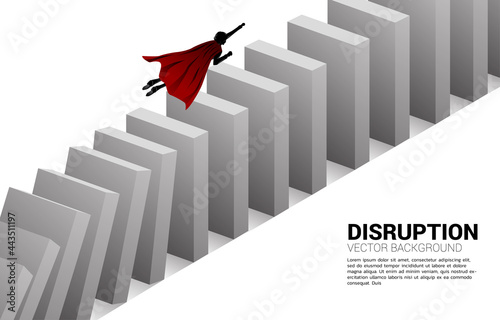 Silhouette of superhero fly over from the domino collapse. Concept of business industry disrupt
