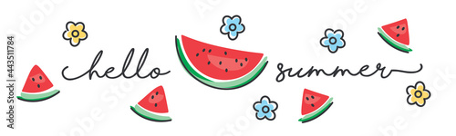 Hello Summer handwritten typography lettering text line design colorful flowers and watermelons draw white isolated background banner