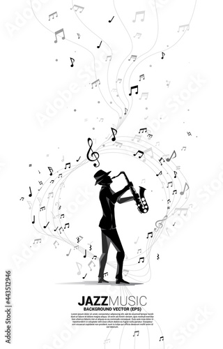 Vector silhouette of saxophonist with music melody note dancing flow . Concept background for classic music concert and recreation.