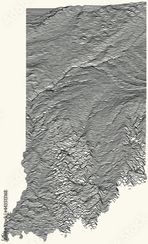 Light topographic map of the Federal State of Indiana, USA with black contour lines on beige background