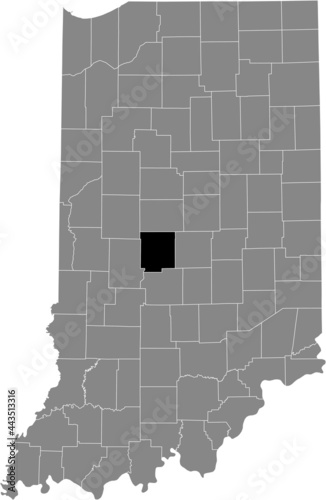 Black highlighted location map of the Hoosier Hendricks County inside gray map of the Federal State of Indiana, USA