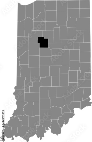 Black highlighted location map of the Hoosier Carroll County inside gray map of the Federal State of Indiana, USA