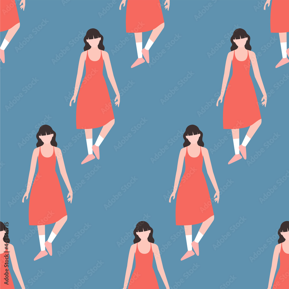 Girl seamless pattern Vector illustration in flat design Young woman in summer orange dress on blue background Girl seamless pattern Vector illustration in flat design Young woman in summer orange dress on blue background