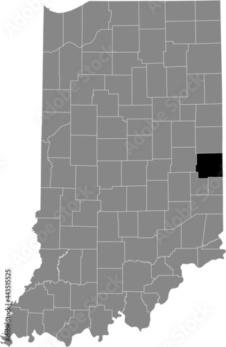Black highlighted location map of the Hoosier Wayne County inside gray map of the Federal State of Indiana, USA