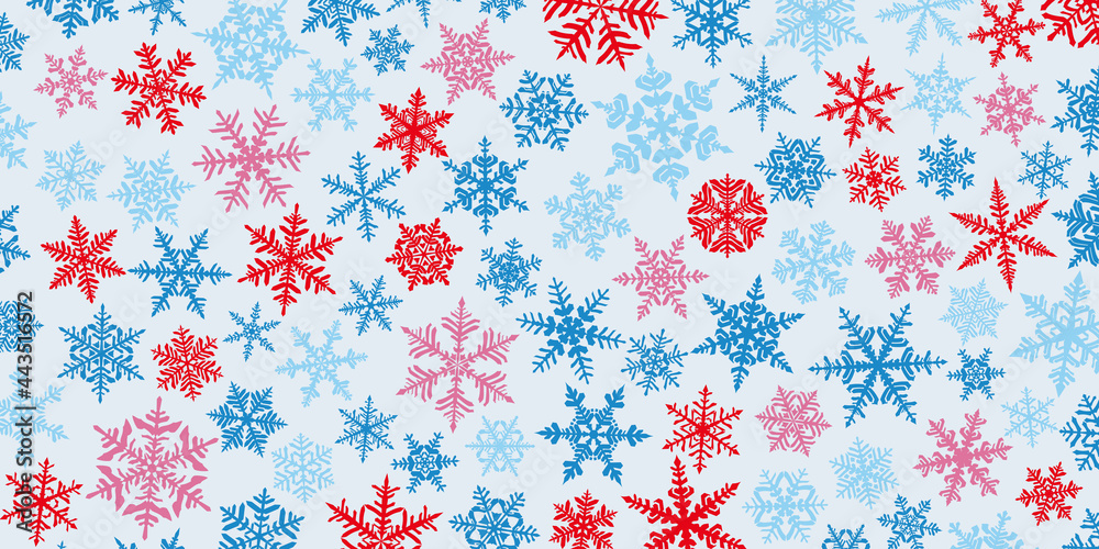 Christmas background with various complex big and small snowflakes, red and blue on white Christmas background with various complex big and small snowflakes, red and blue on white