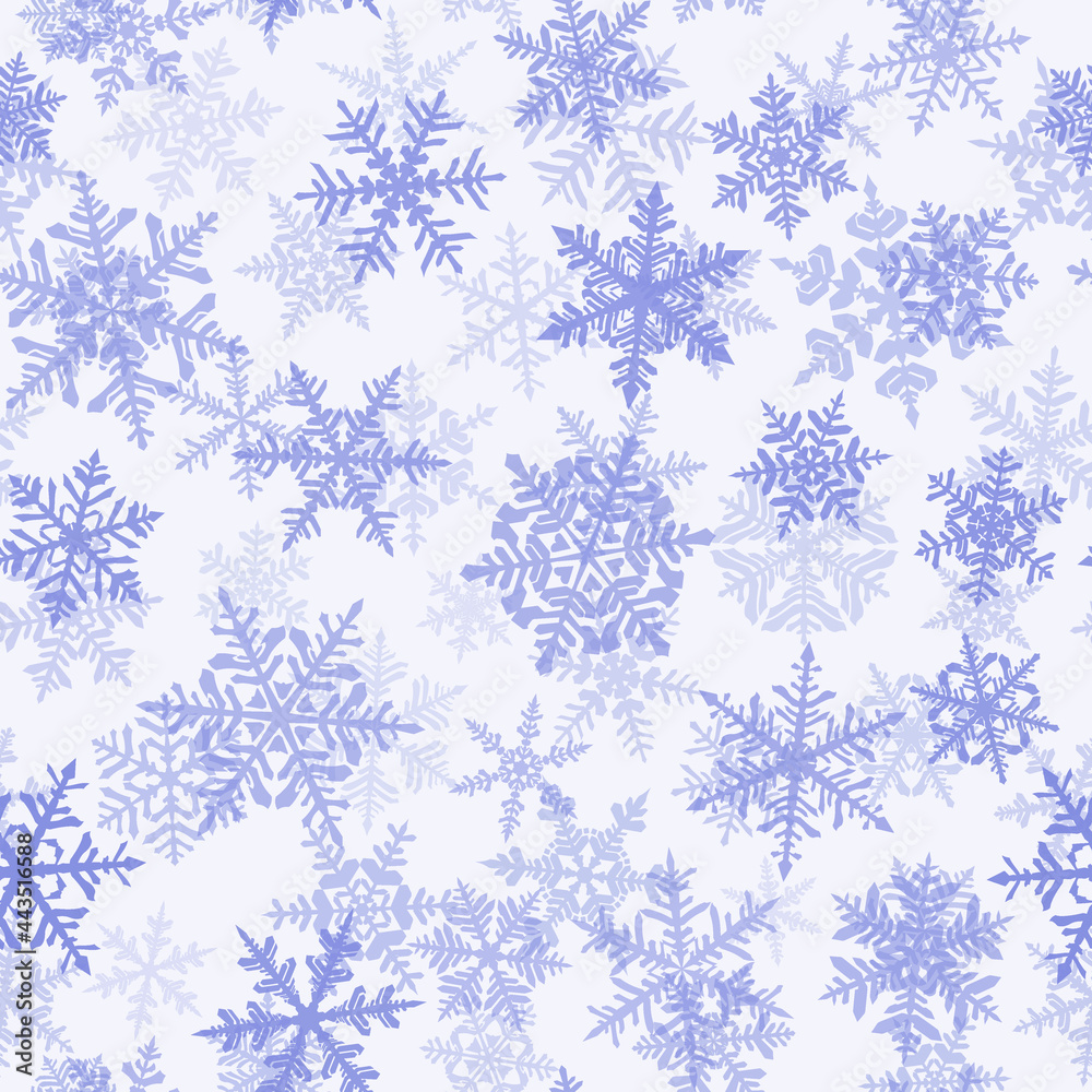 Christmas seamless pattern with complex big and small snowflakes, blue on white background