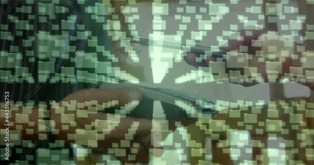 Animation of network security padlock over people using payment terminal Animation of network security padlock over people using payment terminal