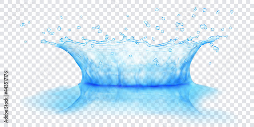 Translucent water crown with drops and reflection. Splash in light blue colors, isolated on transparent background. Transparency only in vector file
