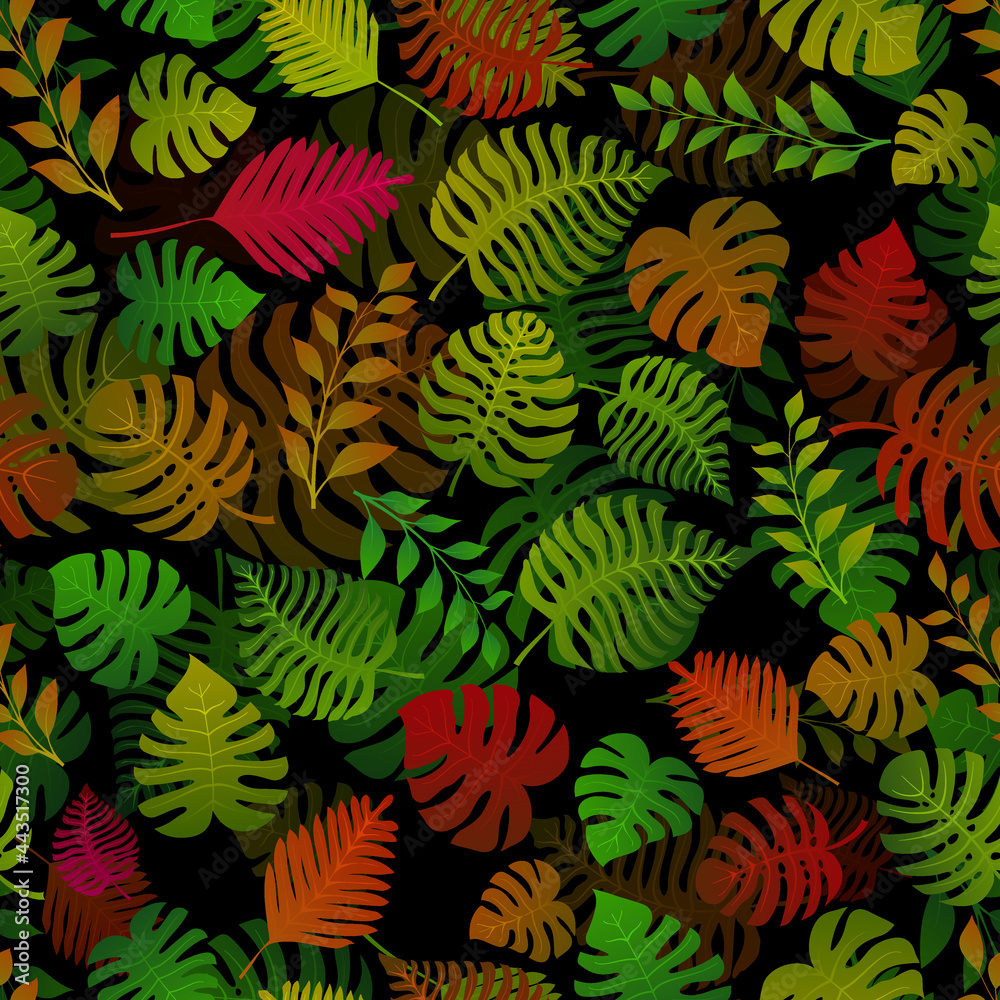 Seamless pattern with exotic jungle plants. Tropical palm leaves. Rainforest illustration, multicolored on black background. Seamless pattern with exotic jungle plants. Tropical palm leaves. Rainforest illustration, multicolored on black background.