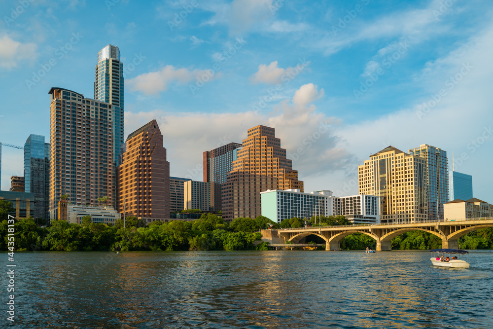Austin, Texas, USA downtown skyline over the Colorado River.