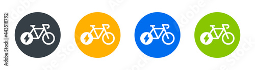 Electric bike icon set. Vector illustration. E-bike with electricity flash lighting thunderbolt sign.