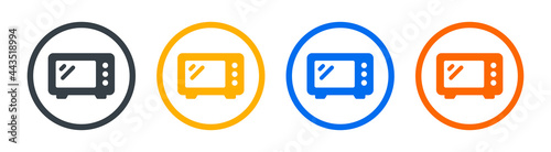 Microwave icon set. Timer, electric device, ready-to-cook food. Home appliances concept