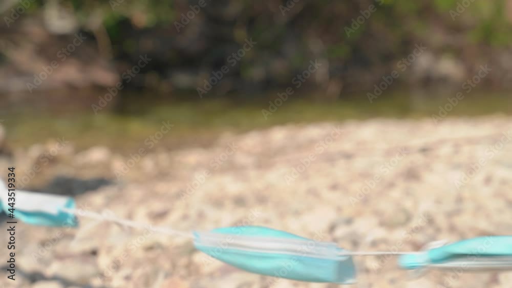 Dachshund dog volunteer in colorful clothes pulls bound used disposable masks cleaning rocky bank OF lake on spring day closeup