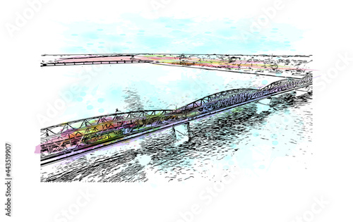 Building view with landmark of Hue is a city in central Vietnam. Watercolor splash with hand drawn sketch illustration in vector.