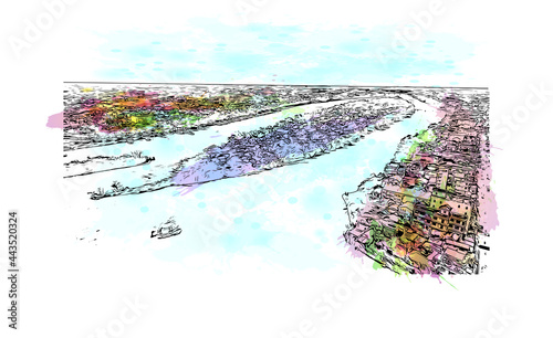 Building view with landmark of Hue is a city in central Vietnam. Watercolor splash with hand drawn sketch illustration in vector.