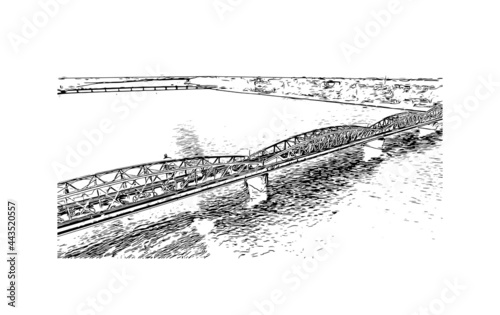 Building view with landmark of Hue is a city in central Vietnam. Hand drawn sketch illustration in vector.