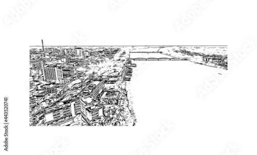 Building view with landmark of Hue is a city in central Vietnam. Hand drawn sketch illustration in vector.