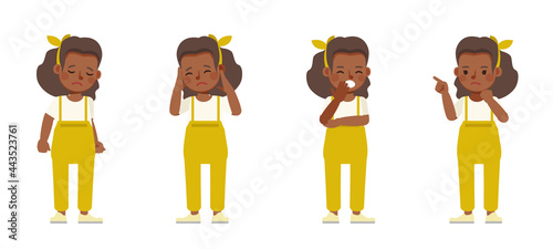 Set of children character vector design. Girl wear yellow jumpsuit and sadly. Presentation in various action with emotions.