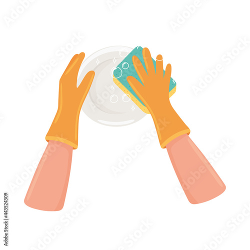 hand washing dish with sponge