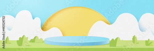 3d Paper cut abstract minimal geometric shape template background.Blue cylinder podium on Summer season natural landscape scene.Vector illustration.