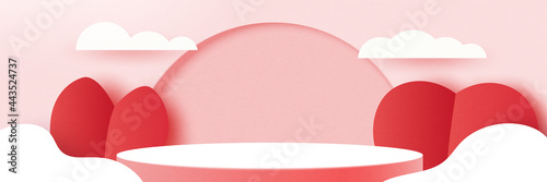 3d paper cut abstract valentine's day template background.Love and heart on geometrics shape of pink nature landscape.Vector illustration.