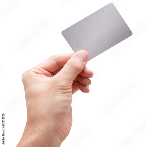 Male hand hold silver platinum credit card isolated on white background.