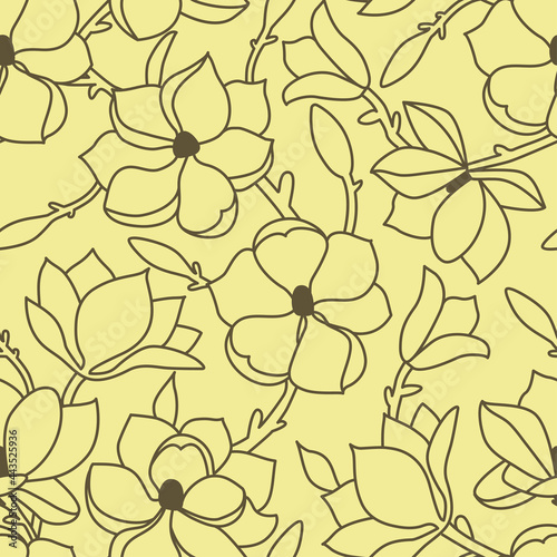 Seamless floral pattern. A linear hand drawing with flowers and leaves of magnolia. A green outline on a yellow background. Vector illustration