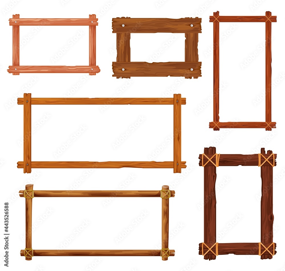 Cartoon wooden frames and borders. Vector wood boards, brown old planks and panels with splits, cracks, nails and ropes. Room interior , photo or painting frame, game interface design