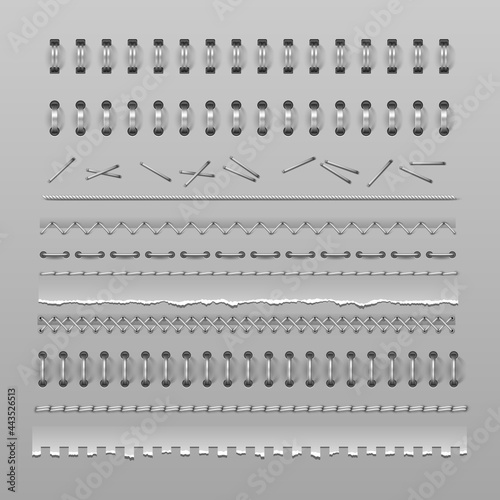 Stitches, notebook spiral binding and stapler pins, divider realistic vector mockups. Wire rings, binders, silver metal springs and torn pages of notebook or notepad, connecting stitches and seams