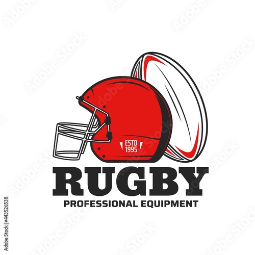 Rugby sport vector icon with rugby football game ball and scrum cap or helmet. Team player equipment or sporting items isolated symbol of sport club, championship match or sporting competition design photo