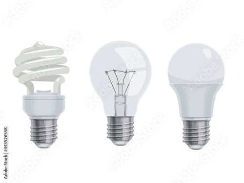 Lightbulbs and lamps, cartoon vector icons. Isolated electric LED and incandescent or energy saving light bulbs, cartoon or realistic lamps set