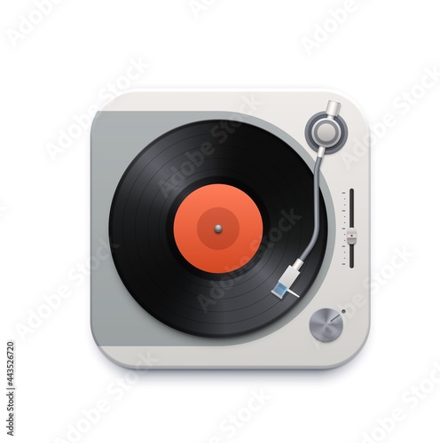 Music vinyl disk player interface icon. Vector retro gramophone with slider and needle on rotating disc top view. Graphic ui design element for application, disco party isolated on white background