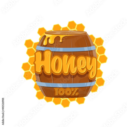 Cartoon honey barrel icon of beekeeping and apiculture food. Vector bee honey in wooden keg or cask with honeycomb and drops of yellow liquid honey, natural dessert and snack design