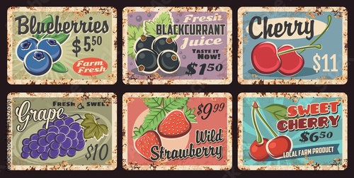 Farm fresh berry rusty metal plates. Blueberries, blackcurrant and sweet cherry, grapes, wild strawberry grunge vector tin signs. Organic farm orchard harvest plates with sweet berries, rust texture