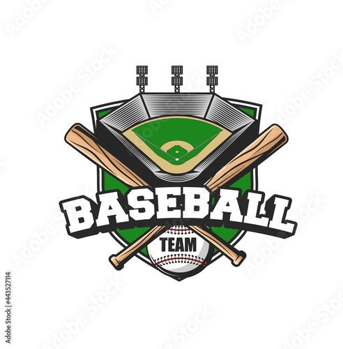 Baseball sport team icon. Vector ball, crossed bats and stadium. Baseball player equipment and arena field isolated icon for sport club or tournament design