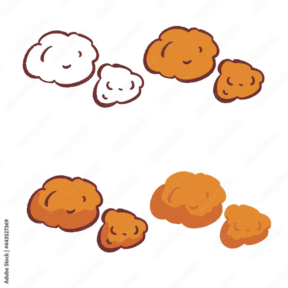 唐揚げのイラストセット（線画、影無し、影アリ、線無し）