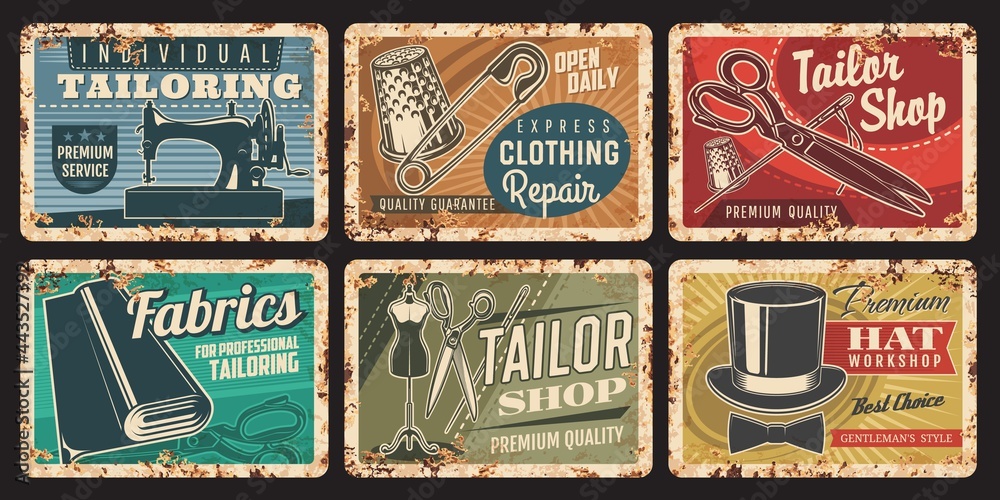 Fototapeta premium Tailoring service and clothing repair vector rusty metal plates with sewing tools mannequin, scissors and vintage machine. Clothes fashion studio, dressmaker atelier retro posters or tin signs set