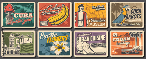 Cuban travel, food, nature and culture vector design. Retro posters with Havana beach palms, Caribbean Sea and tropical parrot, flag and map of Cuba, Havana capitol, mariposa, liberty cap and banana