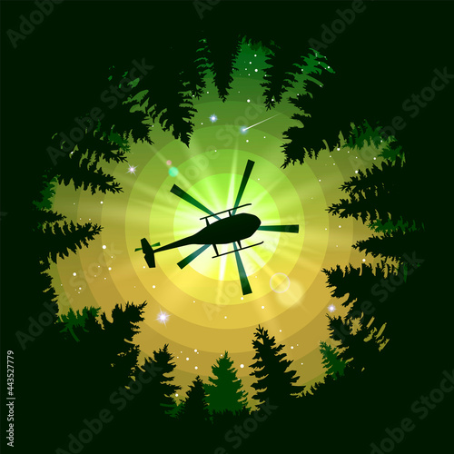 The helicopter flies over the forest. Landscape with a forest and a flying helicopter. Illustration for cover, advertisement, banner or puzzles. Theme or wallpaper for your phone. Vector illustration.
