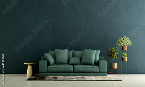 Fototapeta Naklejka Na Ścianę i Meble -  Minimal living room interior design and dark green concrete texture wall background
