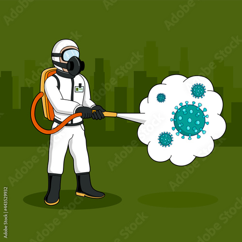 Man disinfecting coronavirus cells on a street