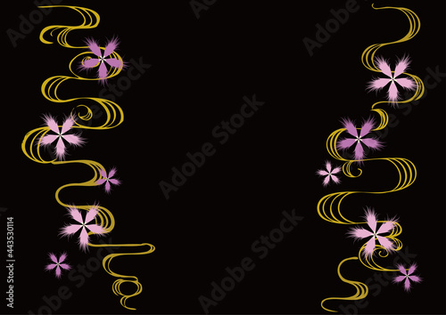 なでしこと手描きの流水模様(両側、背景黒）