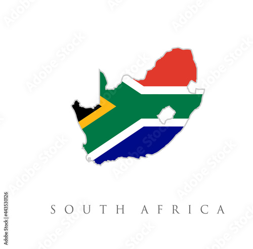 Flag of the South Africa overlaid on detailed outline map isolated on white background. South Africa map with flag and shadow isolated on white background. Vector illustration