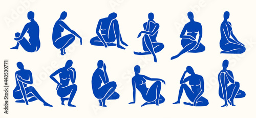 Inspired by Matisse, Women's figures In different poses in a trendy minimalist style. Vector Collage of women's bodies